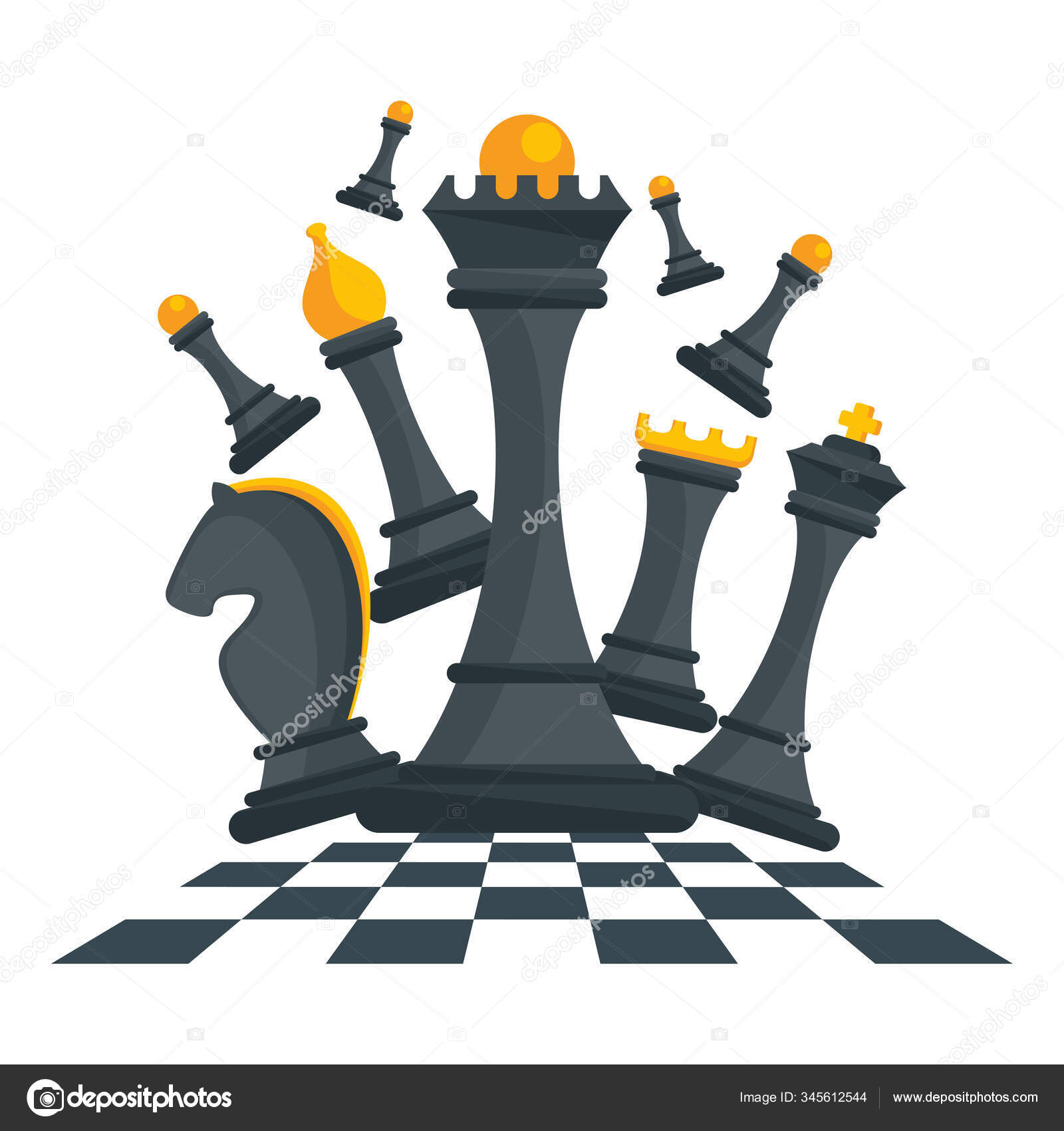 Desenho de tabuleiro de xadrez e peças de xadrez pretas em um fundo branco