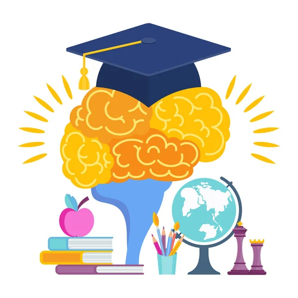 Egyetemi kalap az agyban. A tanulás metaforája — Stock Vector