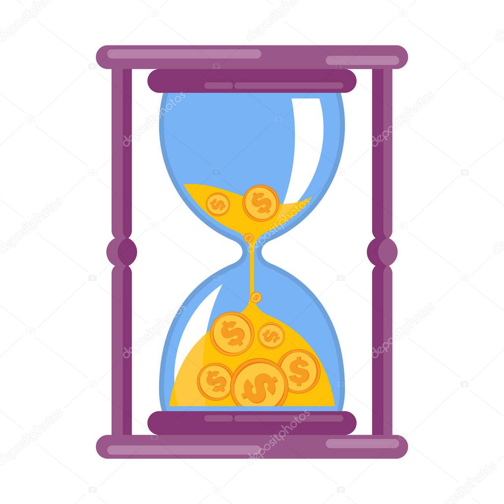 Hourglass with money. Flat vector cartoon illustration