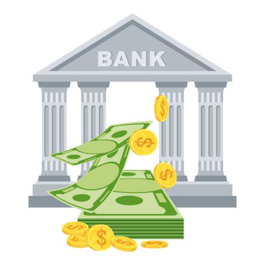 Banka binası ve bir tomar para. Düz vektör karikatür çizimi