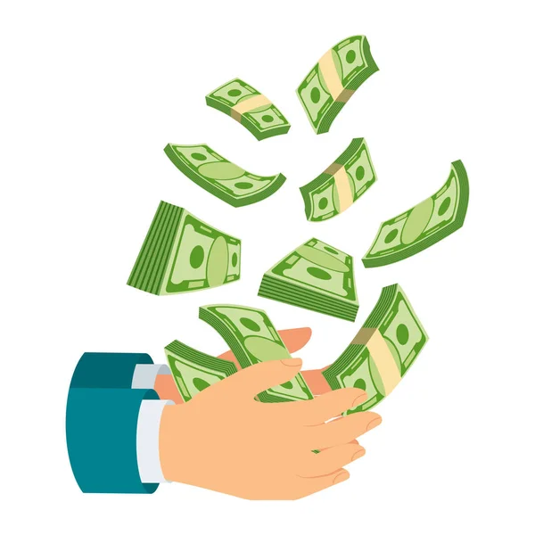 Hand holding money. Coins and banknotes falling from the sky. — Stock Vector