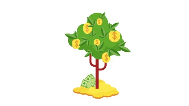 Денежное дерево с золотыми монетами и бумажными долларами . — стоковое видео