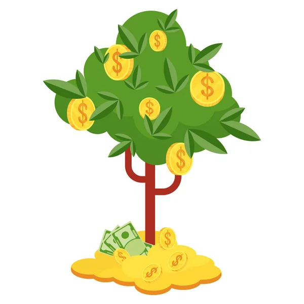 Albero dei soldi con monete d'oro e dollari di carta . — Vettoriale Stock