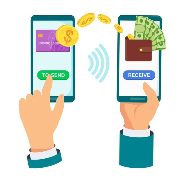 Trasferimento di denaro tramite dispositivo mobile, computer e smartphone — Vettoriale Stock