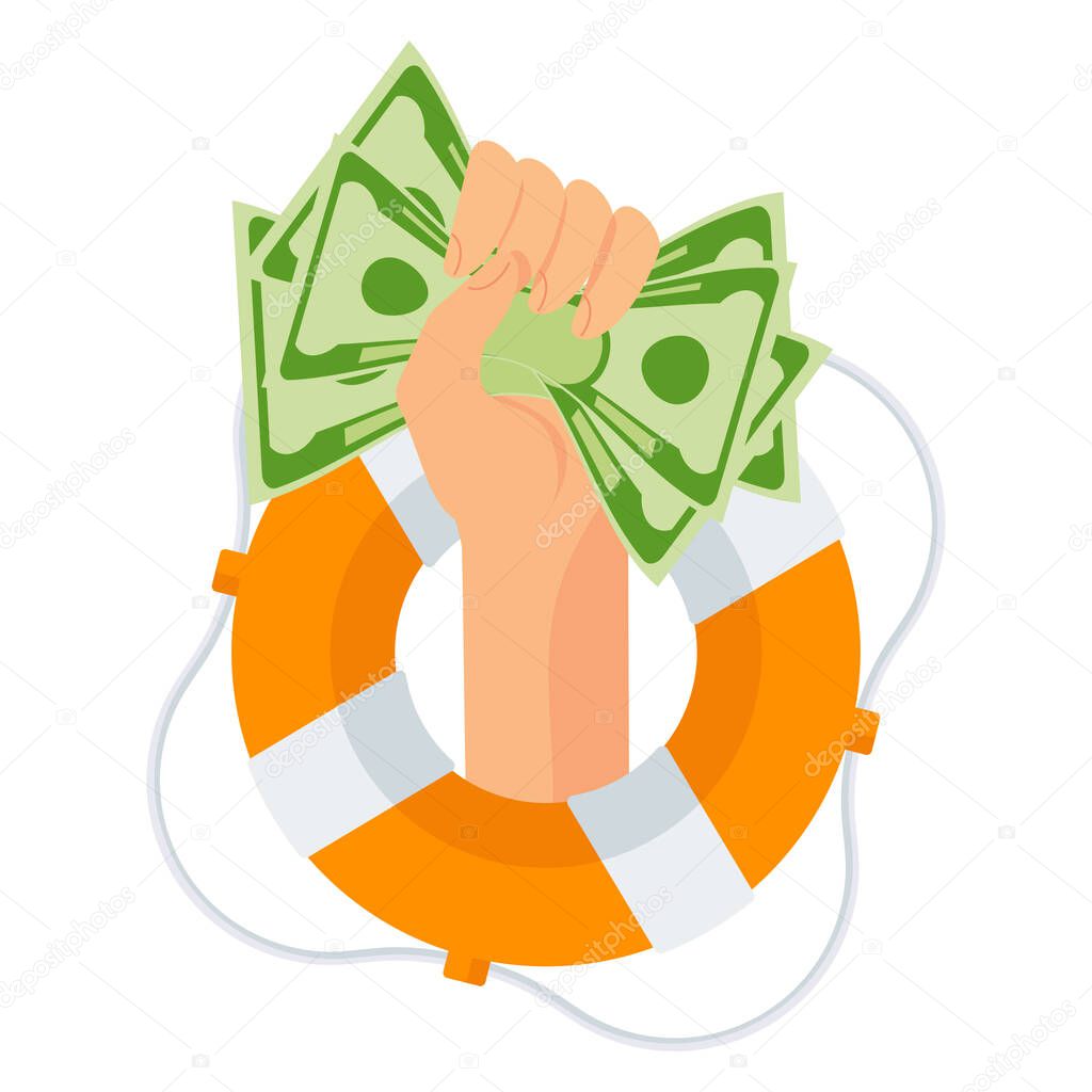 Hand with bag of money protrudes from lifebuoy.