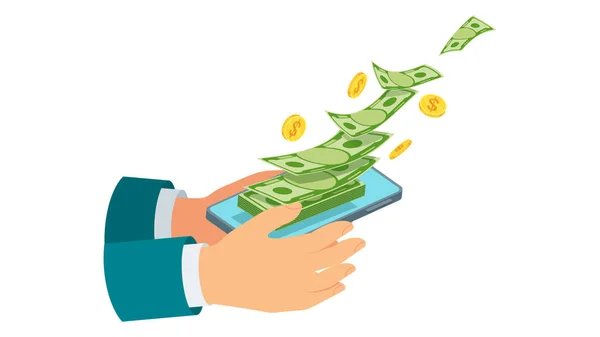 Trasferimento di denaro tramite dispositivo mobile, computer e smartphone . — Vettoriale Stock