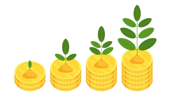 Zelené výhonky rostlin na hromadách mincí ve vzestupném pořadí. — Stockový vektor