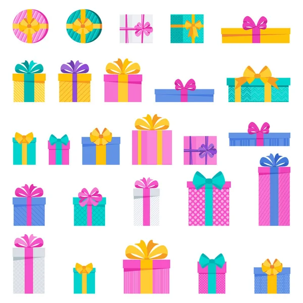 Zestaw jasnych świątecznych pudełek prezentów. — Wektor stockowy