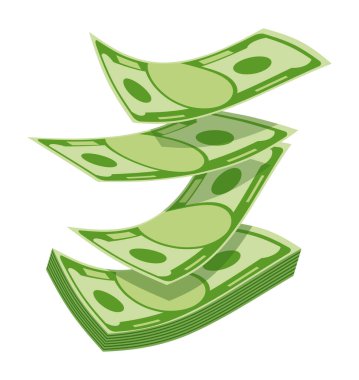 Çok çeşit para. Banknotlar paketlenir, faturalar uçar.
