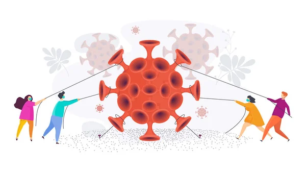 Le persone con le corde tengono un enorme coronavirus pericoloso rosso . — Vettoriale Stock