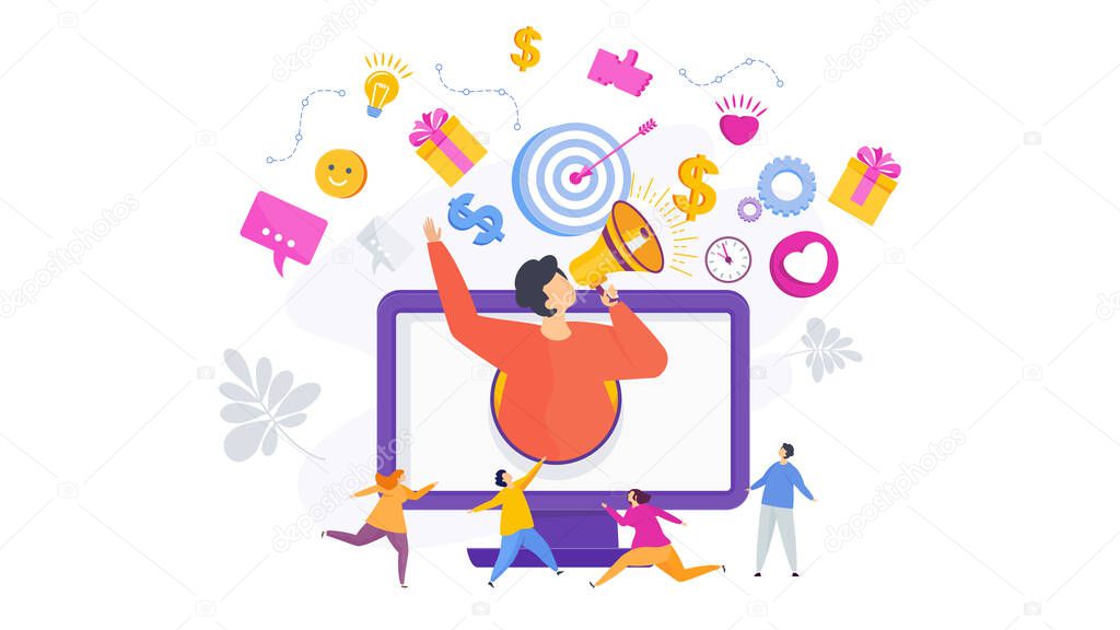 Advertising business concept. Man with megaphone in computer screen.