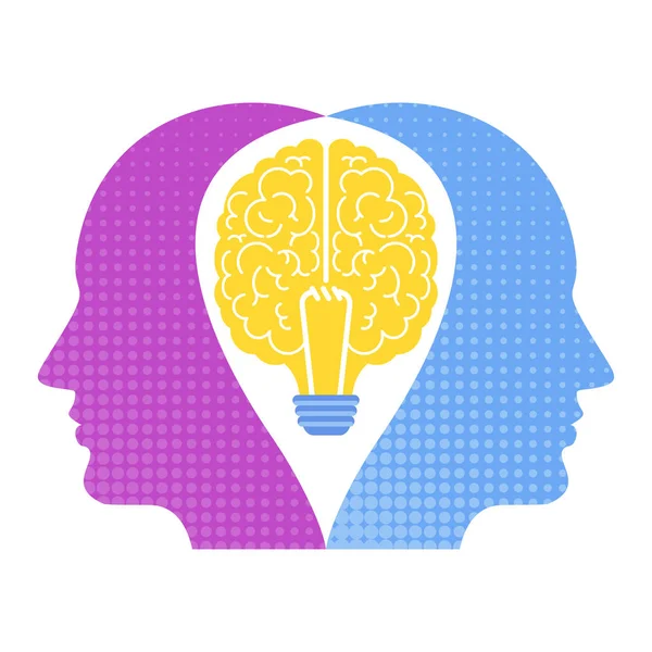 Lluvia de ideas. Dos cabezas, un cerebro. Técnica creativa para generar ideas — Vector de stock