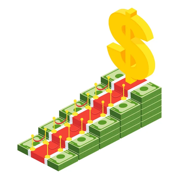 Enorme dollar teken op de top van trappen gemaakt van bundels van contant geld. — Stockvector
