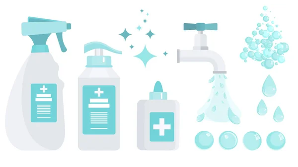 Ensemble d'antiseptiques pour désinfection. hygiène des mains. Lavage des mains avec savon. — Image vectorielle