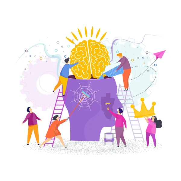 Tiny people insert brain into person head, clean it. — Stock Vector