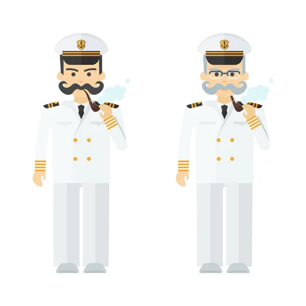 Young and elderly naval captain smokes a pipe. — Stock Vector