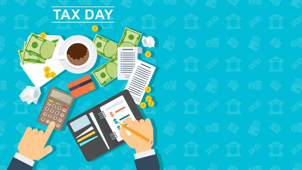 La bannière du jour de l'impôt. L'homme calcule le coût d'une calculatrice — Image vectorielle