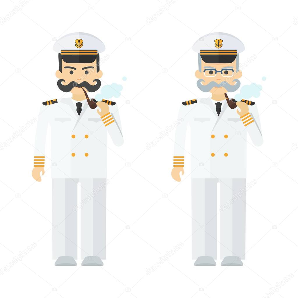 Young and elderly naval captain smokes a pipe.