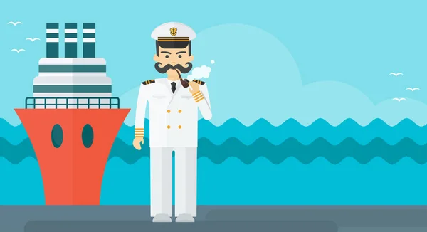 Military naval captain smokes a pipe near the ship. — Stock Vector