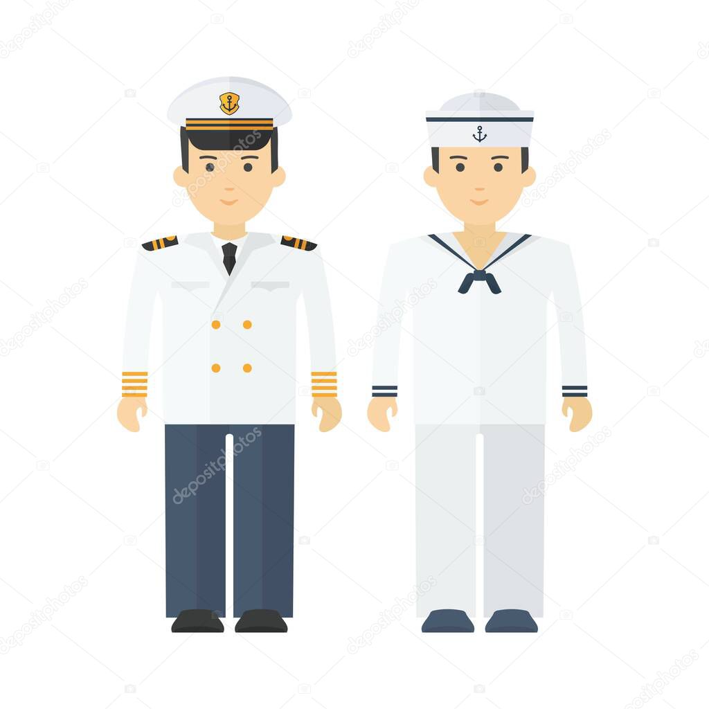 Naval captain and shipboy. Flat vector cartoon illustration