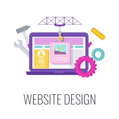 Web sitesi tasarım simgesi. İnşaat vinci bir siteye bilgi blokları koyar.