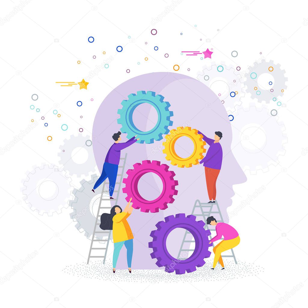 Small people collect gear in the human head. Flat vector illustration.