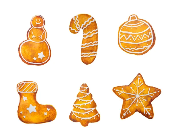 Handgezeichnete Aquarellzeichnung Von Weihnachten Lebkuchen Schneeflocke Stern Schneemann Baum Strumpf — Stockfoto