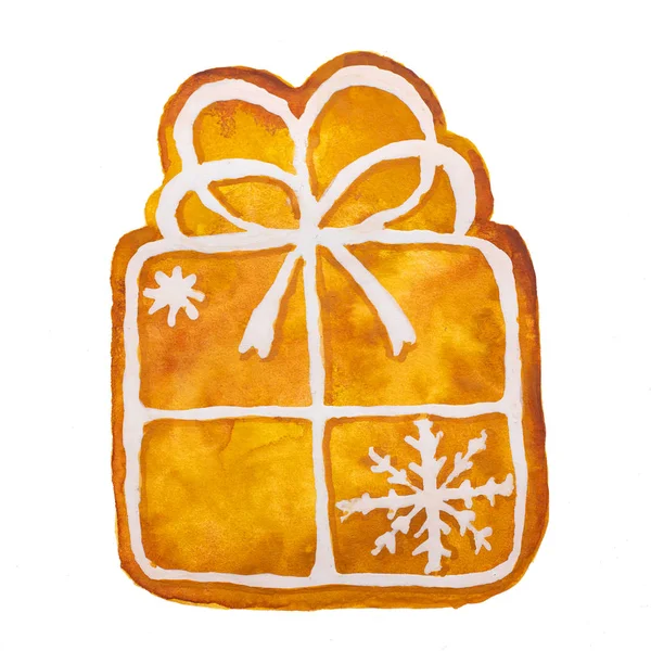 白色背景 孤立的圣诞姜饼礼物手绘水彩画 — 图库照片