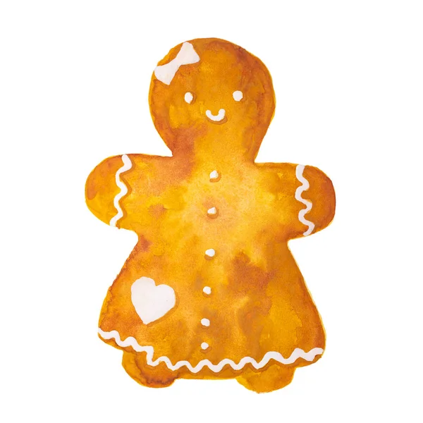 Hand Drawn Watercolor Drawing Christmas Gingerbread Girl White Background Isolated — Stock Photo, Image