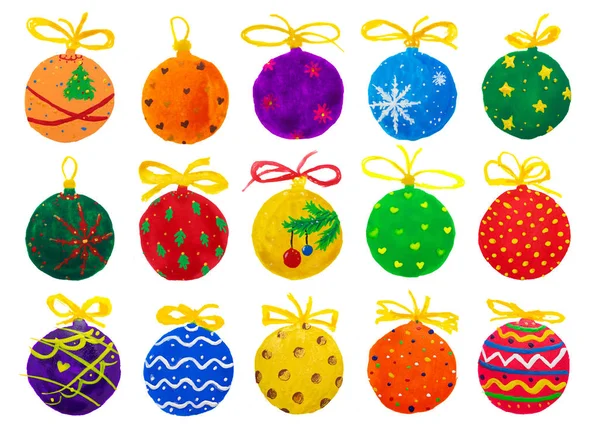 Acquerello Disegno Disegnato Mano Palline Natale Colorate Raccolta Sfere Set — Foto Stock