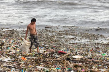 Manila, Filipinler - 23 Ağustos 2017: Denizdeki bir çöp yığını içinde plastik atık toplayan bir adam