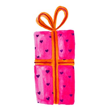 Pembe sevgililer günü hediyesinin suluboya resmi, izole edilmiş.