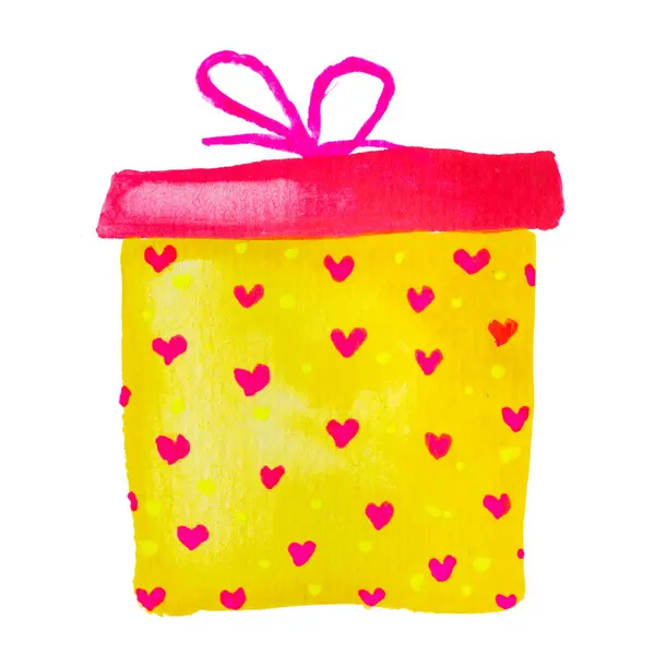 黄色和粉色生日的水彩画画情人节礼物盒 — 图库照片