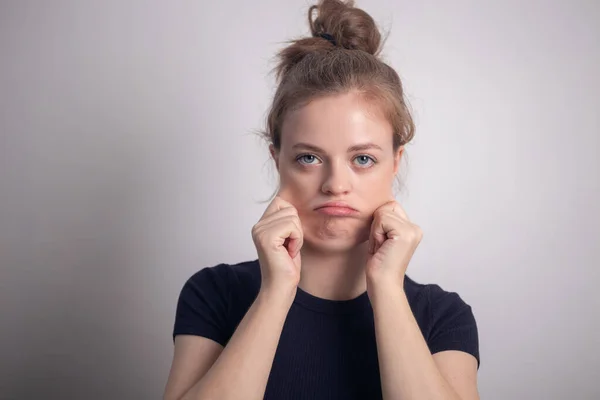 Young Caucasian Woman Girl Double Chin Chubby Cheeks — Stock Photo, Image