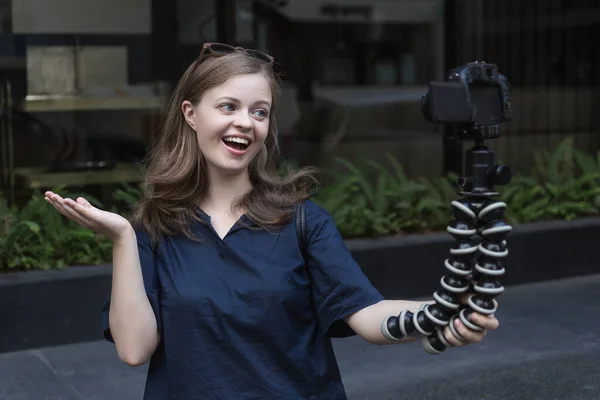 Smiling Young Caucasian Girl Woman Making Video Blog Vlog Camera — Stock Photo, Image