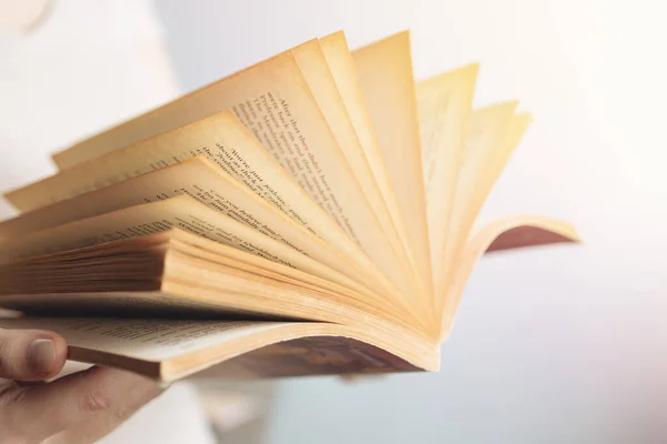 Sarı sayfaları olan eski, açık bir kitabın eski bir kopyası. Hırslı okuyucu, kitap kurdu konsepti