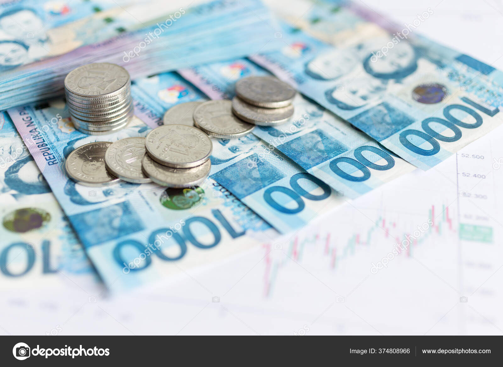 000菲律宾比索和硬币的现金结汇并附有书面图表宏观图表——图库图片© aldarinho #374808966