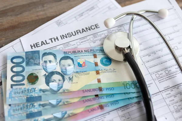 Тысяча Филиппинских Песо Маской Бумажном Страховом Счете Затраты Здравоохранение Время Стоковая Картинка
