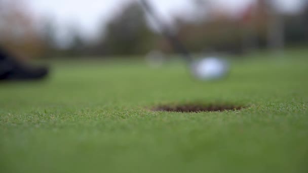 Gracz przygotowuje piłkę do strzału na polu golfowym — Wideo stockowe