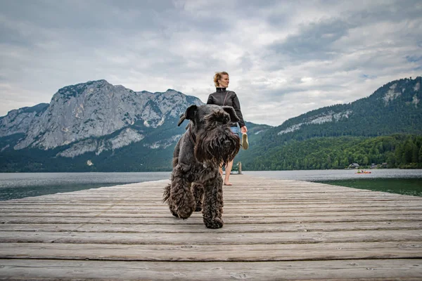 Vrouw met haar hond op de pier van de berg meer — Stockfoto