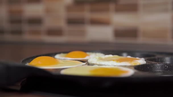 Приготовление яиц в кастрюле на кухне. завтрак для всей семьи — стоковое видео