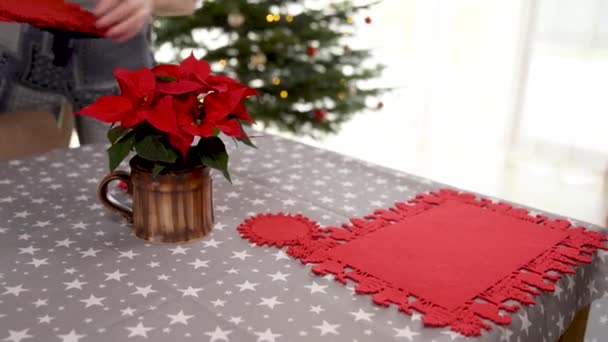 Slavnostní prostírání stolu pro vánoční svátky. příprava vánočních hvězd a červených rohoží — Stock video