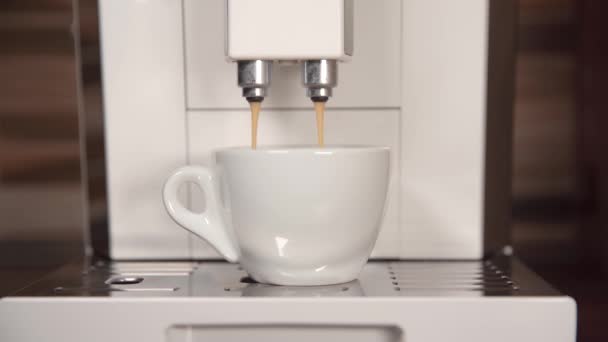 Evinizdeki otomatik kahve makinesinde güzel kokulu espresso hazırlıyorum. — Stok video