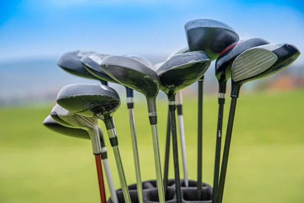 Professional golf clubs in bag on green — 스톡 사진