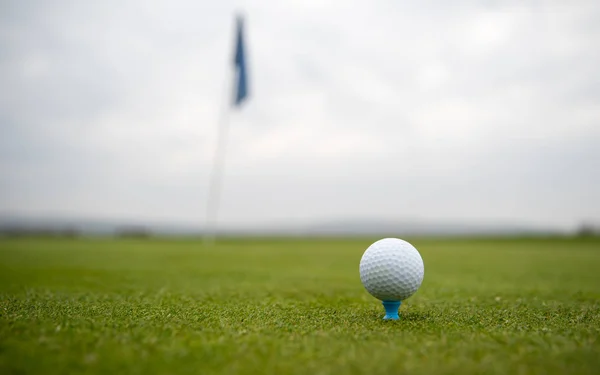 Bola de golfe no campo de golfe antes de bater no poço — Fotografia de Stock