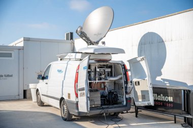 Marbella - January 7, 2020: The transmitting car with a satellite antenna on the roof ensures the transmission of the video signal via satellite to the television