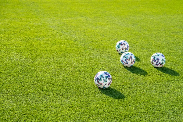 Chiklana de la frontera, Spain - January 9, 2020: balls with the adidas logo on the football field — Stock Photo, Image