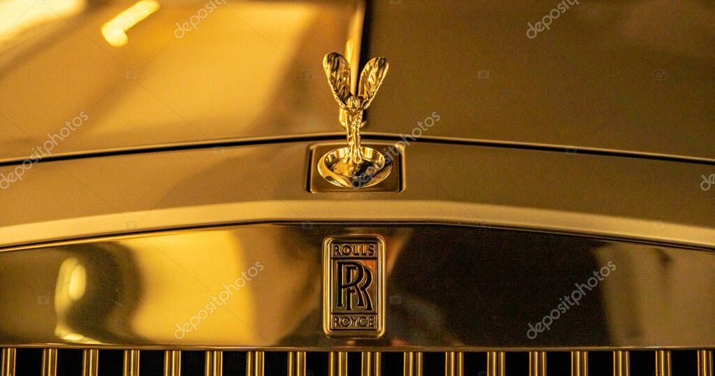 Marbella - January 13, 2020: Rolls Royce luxury car logo, front mask figure