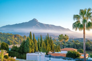 İspanyol dağı La Concha 'nın güzel manzarası. Ön uçakta palmiye ağacı
