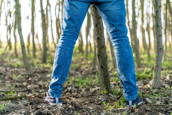 Mann pinkelt im Wald auf einen Baum — Stockfoto